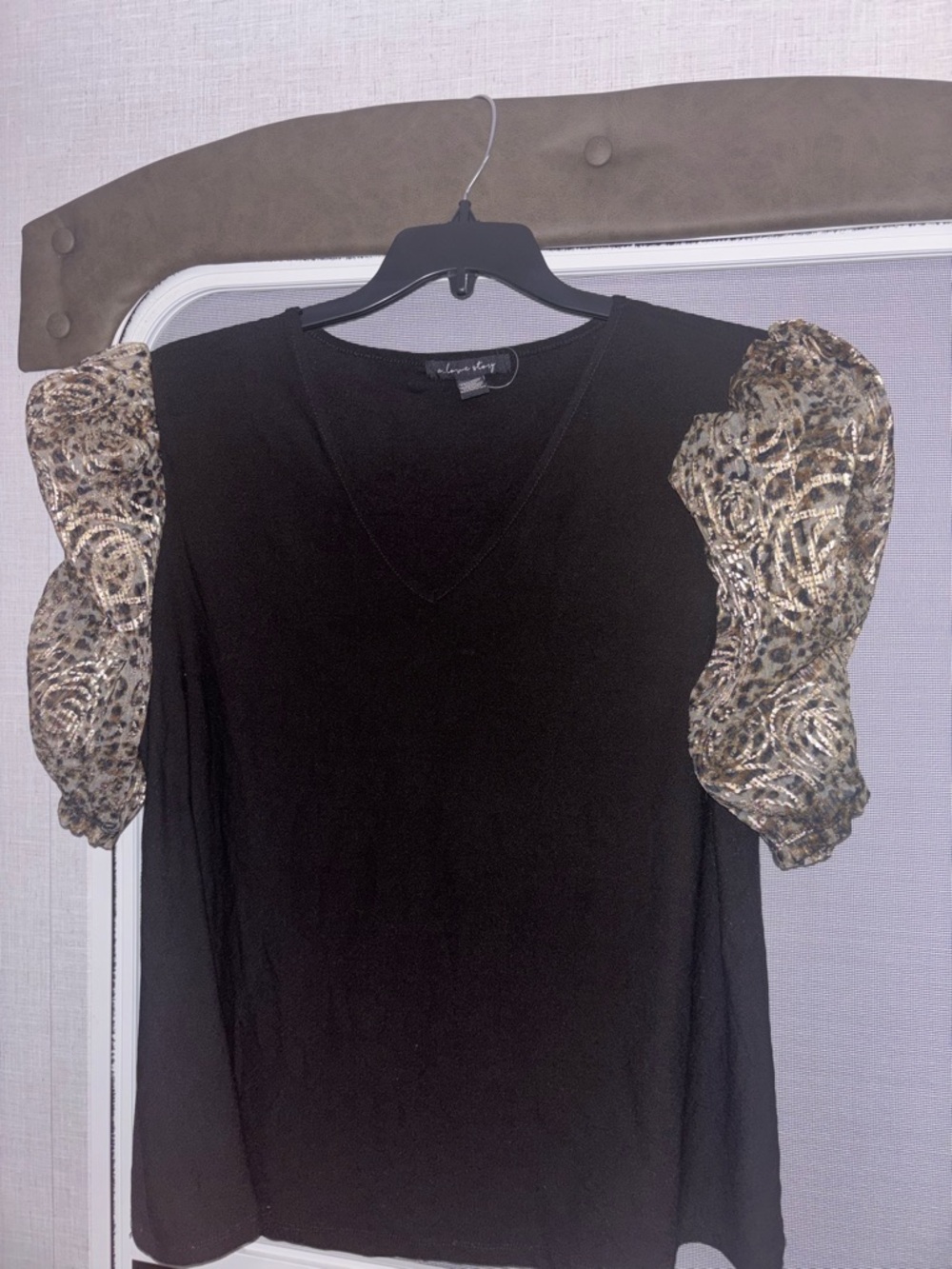 Black Top with Metallic Puff Sleeves - Womens